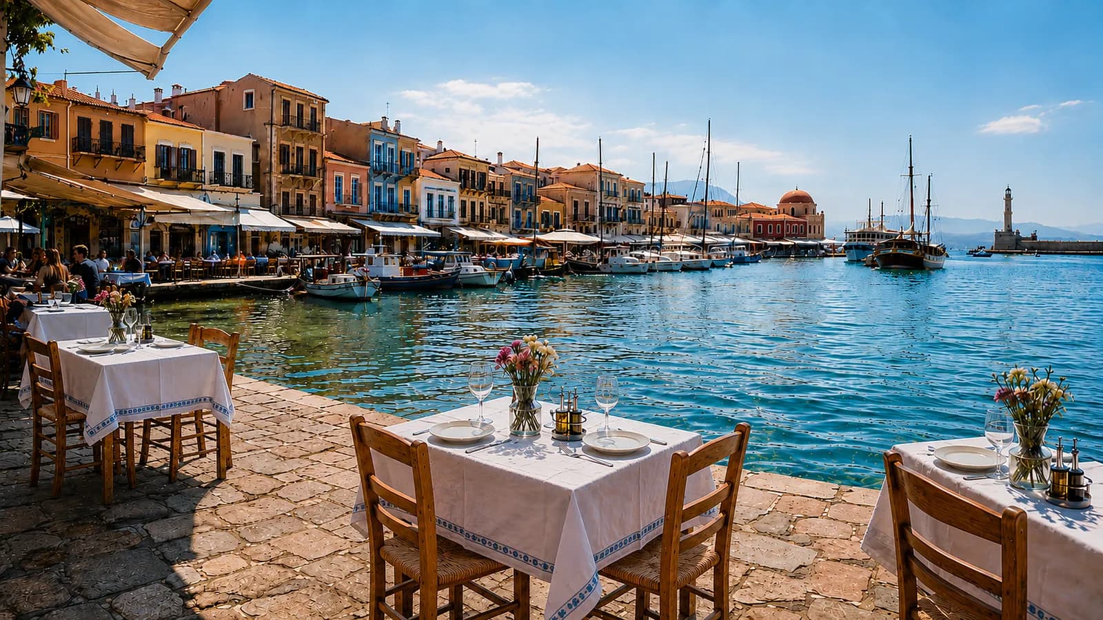 A picturesque view of a seaside restaurant in a historic harbor town with colorful buildings, boats, and a lighthouse under a clear blue sky.